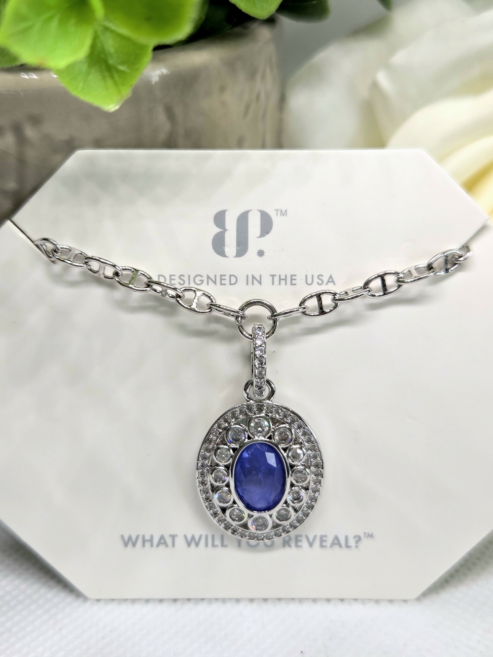 BP Necklace with Lavender Fluorite Gem and Crystal Halo